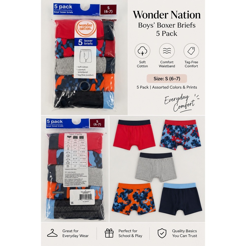 Wonder Nation Boys Boxer Briefs 5 Pack Assorted Colors Camo Size S 6-7 NEW